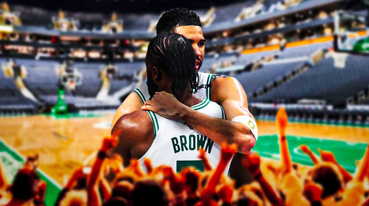 Jayson Tatum and Jaylen Brown hugging/celebrating together on a Finals/champion background