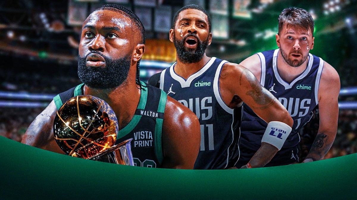 Celtics' Jaylen Brown with NBA Finals MVP trophy next to Luka Doncic and Kyrie Irving