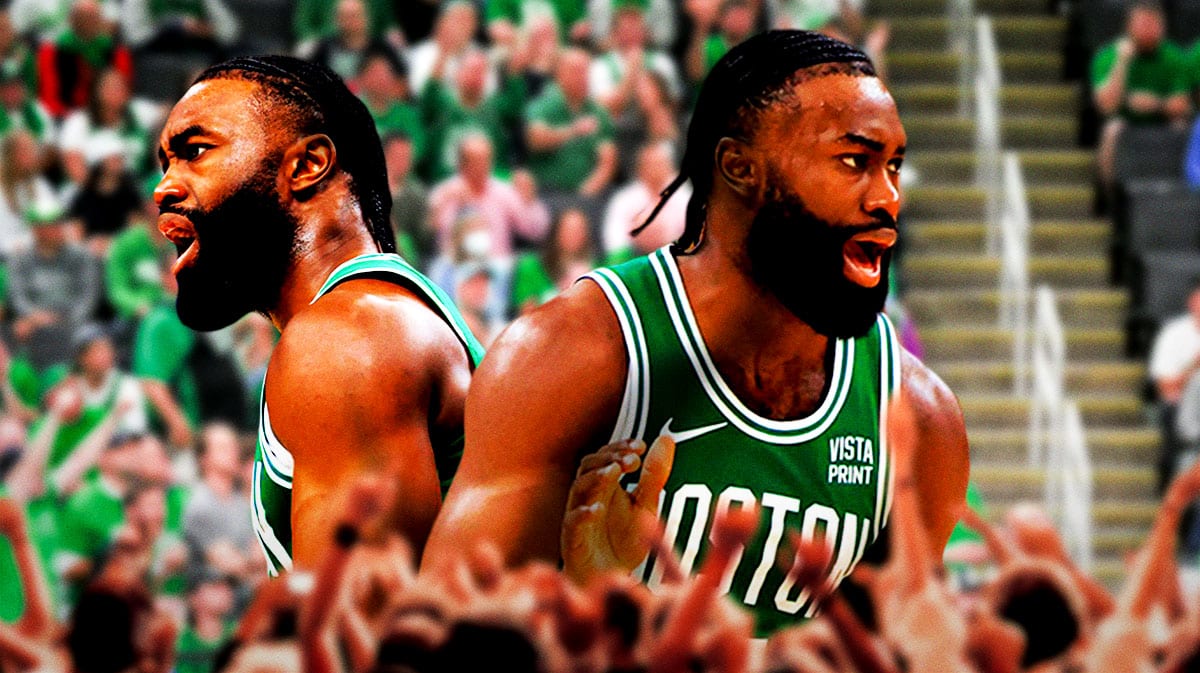 Jaylen Brown looking hyped surrounded by Celtics fans