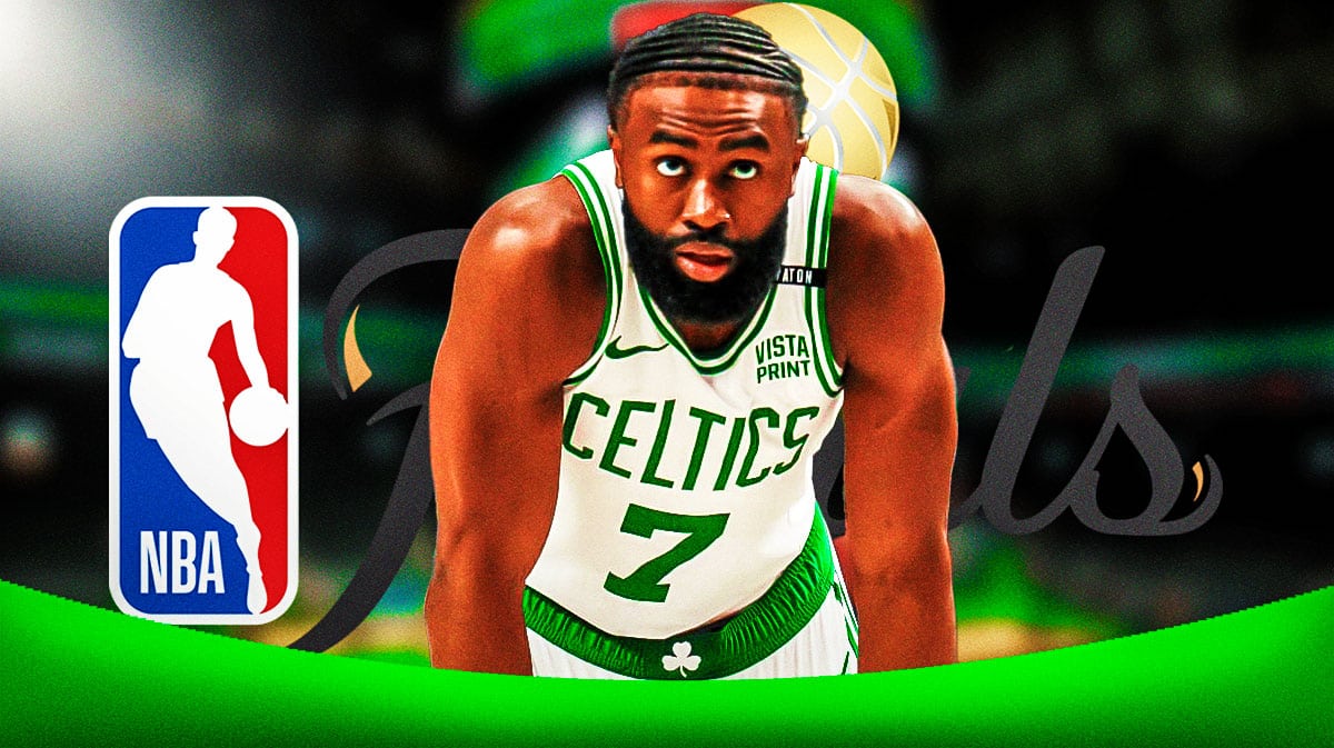 image idea: Jaylen Brown looking serious on an NBA Finals background