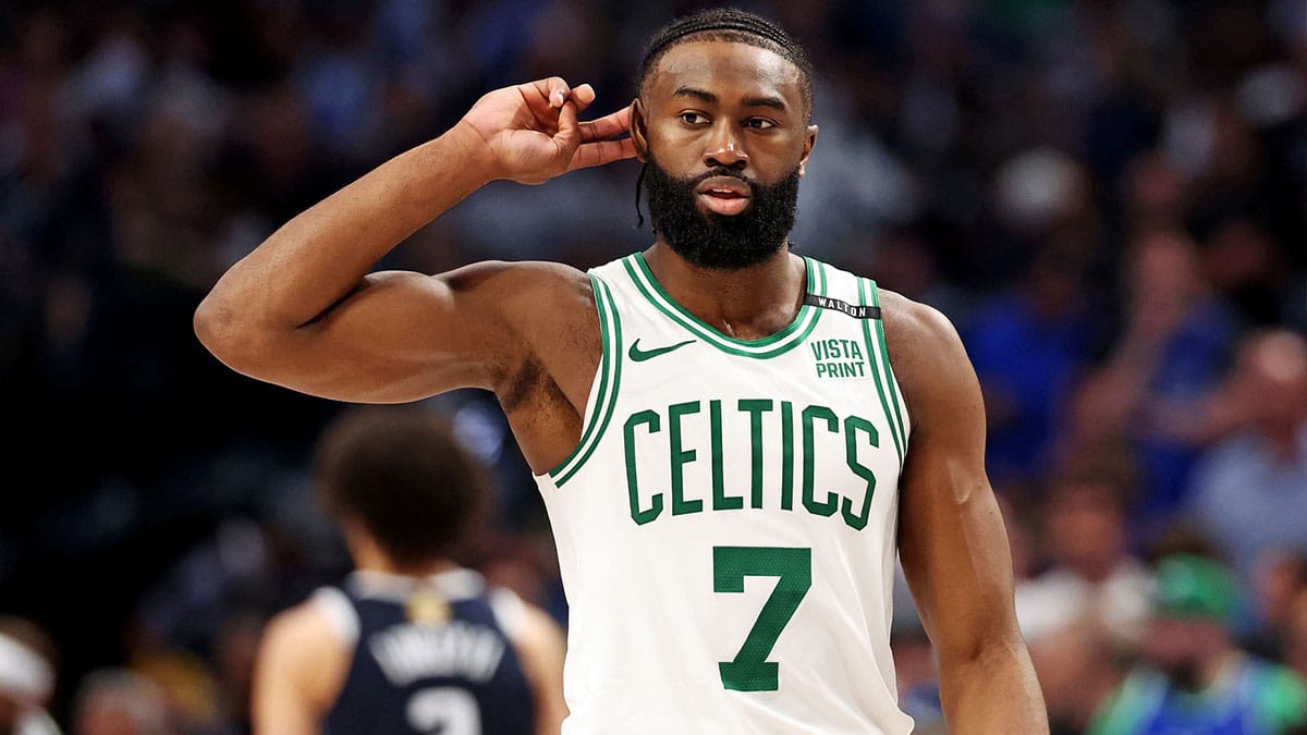 Boston Celtics guard Jaylen Brown (7) reacts to the crowd during the fourth quarter during game three of the 2024 NBA Finals against the Dallas Mavericks at American Airlines Center.