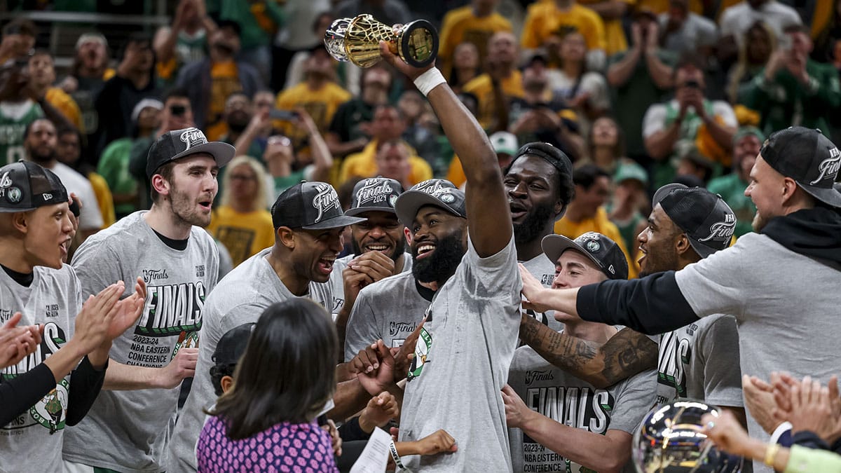 The Boston Celtics celebrate their win against the Indiana Pacers game four of the eastern conference finals for the 2024 NBA playoffs