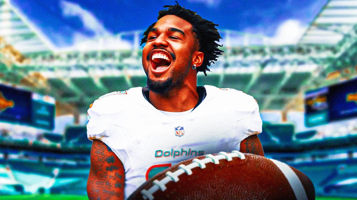 Miami Dolphins star Jaylen Waddle in front of Hard Rock Stadium.