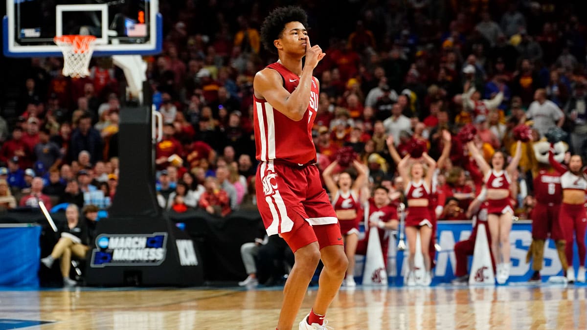 Mar 23, 2024; Omaha, NE, USA; Washington State Cougars forward Jaylen Wells (0) reacts during the first half against Iowa State Cyclones in the second round of the 2024 NCAA Tournament at CHI Health Center Omaha. 