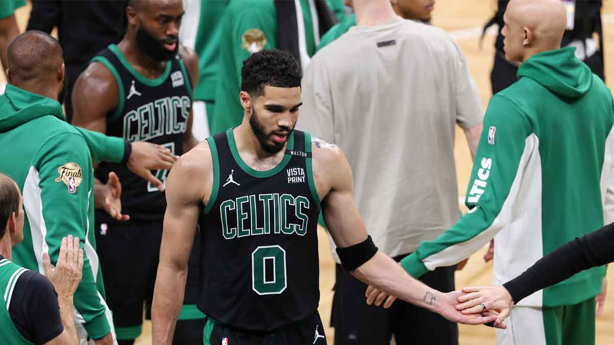 Boston Celtics forward Jayson Tatum (0) walks to the bench during the fourth quarter in game two of the 2024 NBA Finals at TD Garden. 