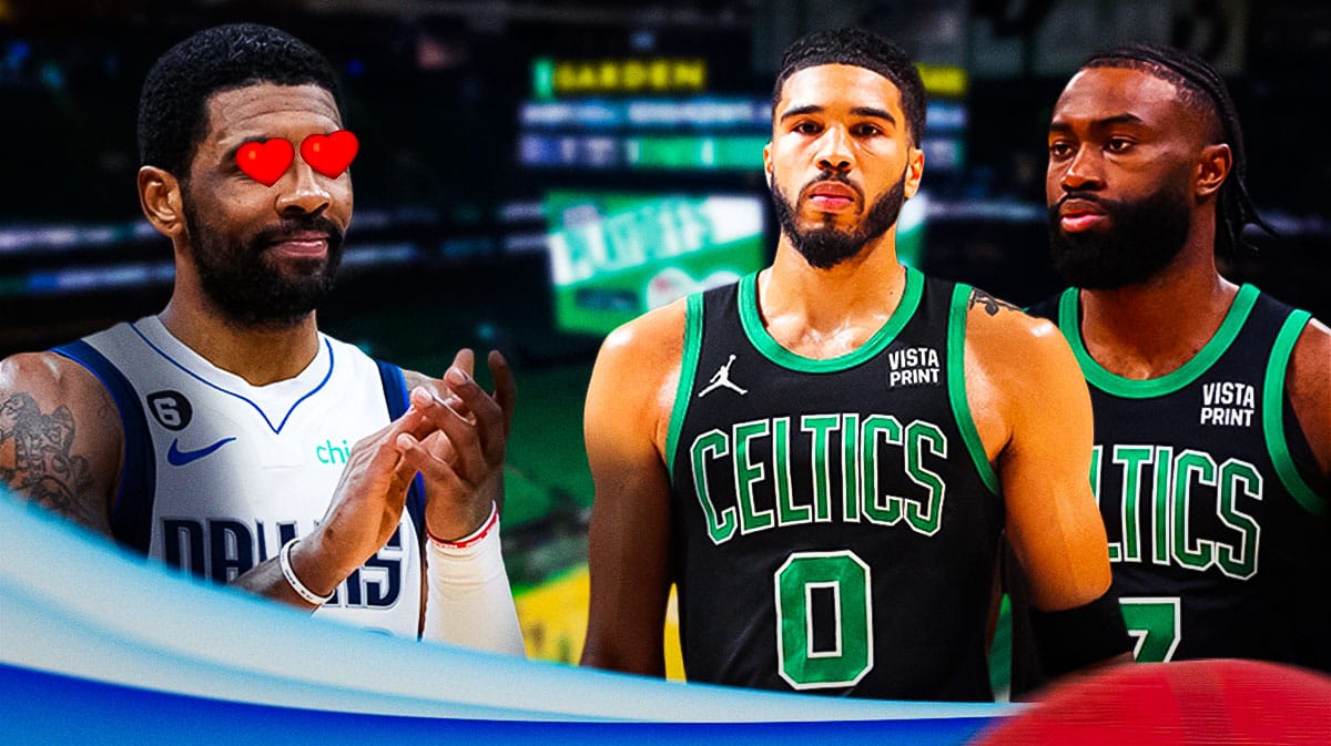 Kyrie Irving with heart eyes next to Celtics' Jayson Tatum and Jaylen Brown