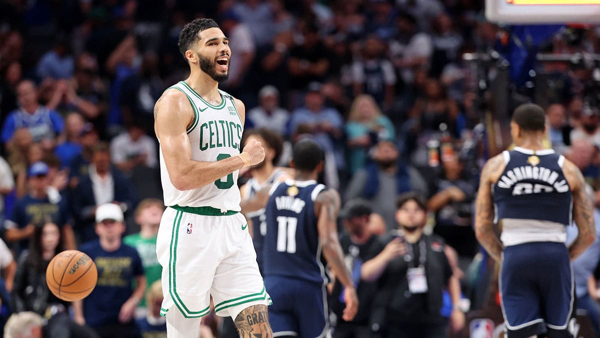 Boston Celtics forward Jayson Tatum (0) celebrates after their win against the Dallas Mavericks in game three of the 2024 NBA Finals at American Airlines Center.