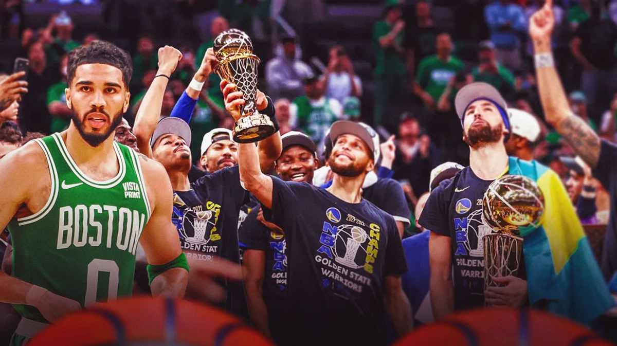 Jayson Tatum looking serious/focused next to the Golden State Warriors celebrating the 2022 NBA championship