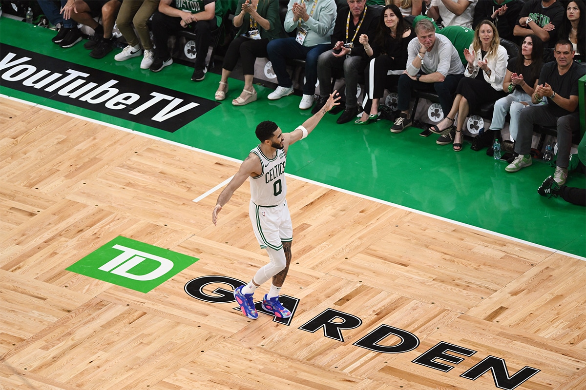 Boston Celtics forward Jayson Tatum (0) reacts in second half against the Dallas Mavericks during game one of the 2024 NBA Finals at TD Garden.