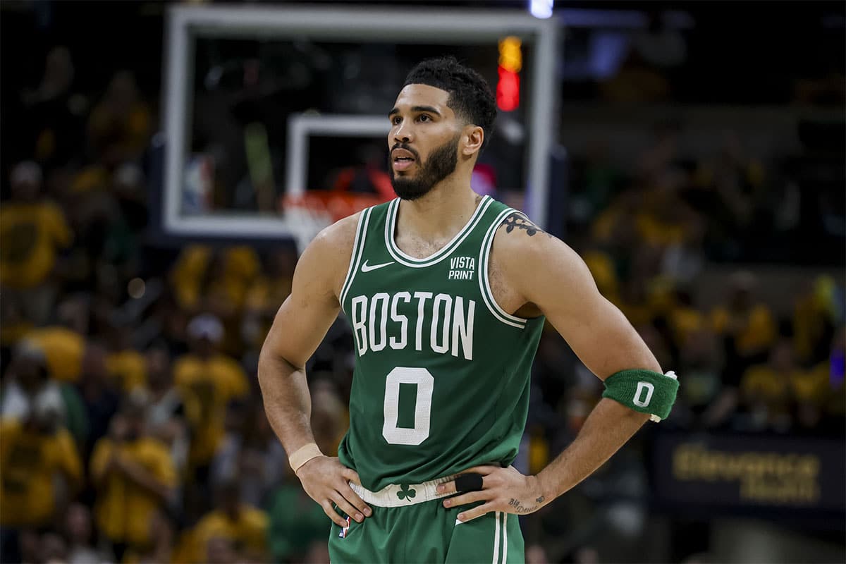 Boston Celtics forward Jayson Tatum (0) during the fourth quarter during game four of the eastern conference finals for the 2024 NBA playoffs at Gainbridge Fieldhouse.