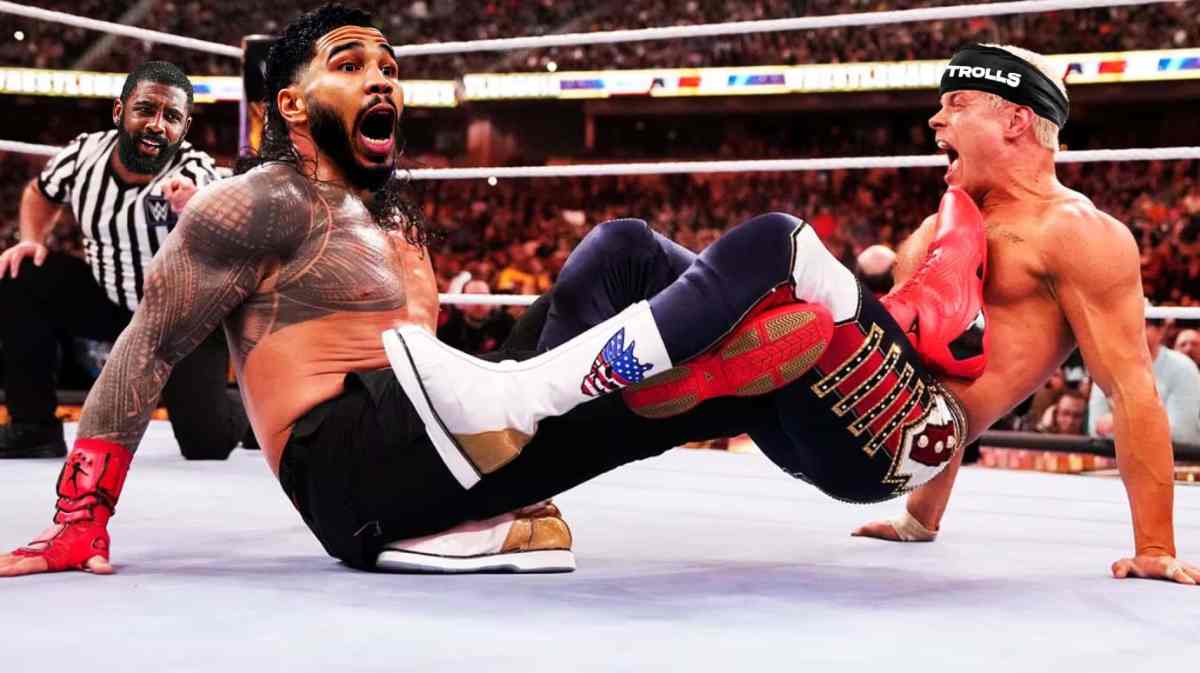 Jayson Tatum (Celtics) as Roman Reigns, Kyrie Irving (Mavericks) as the referee, add a headband to Cody Rhodes that has the word "TROLLS" on it