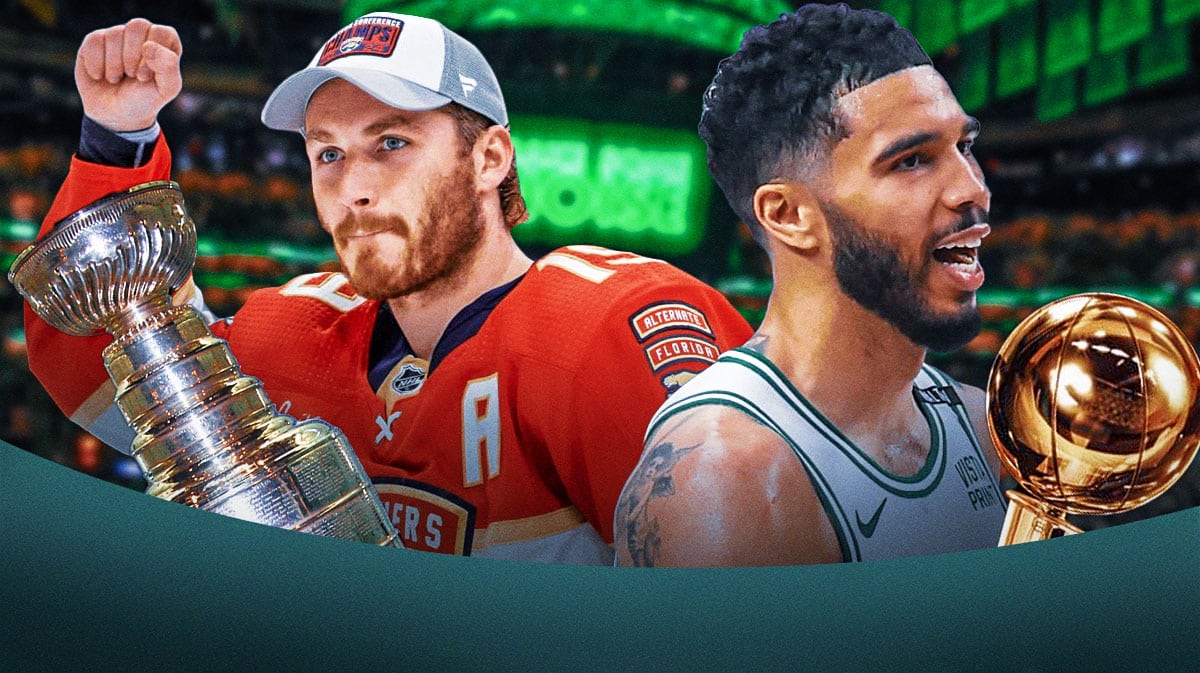 Celtics' Jayson Tatum smiling next to an NBA Finals trophy and Panthers' Matthew Tkachuk smiling next to the Stanley cup