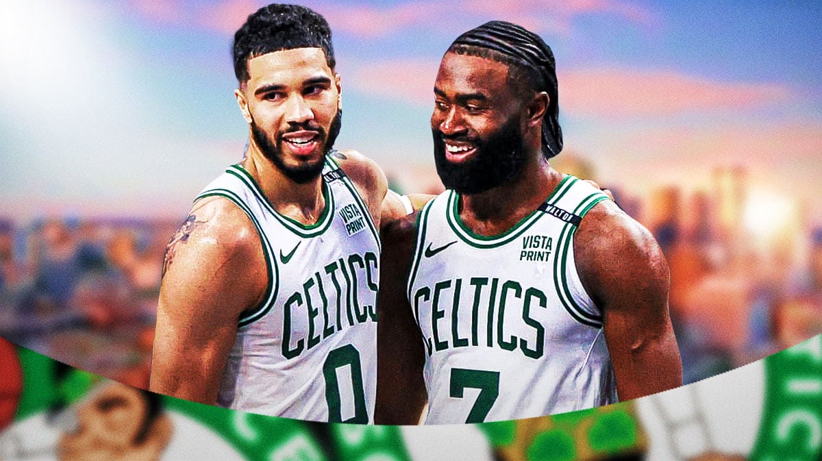 Celtics Jayson Tatum and Jaylen Brown smiling together on a Dallas city background