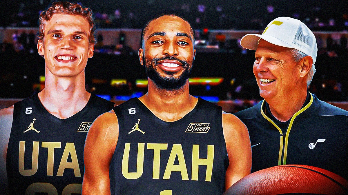 Mikal Bridges in a Jazz uniform, with Lauri Markkanen and Danny Ainge beside Bridges
