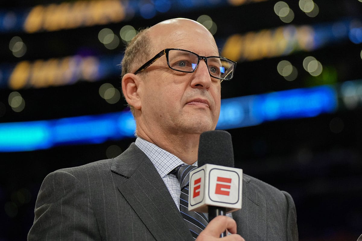 ESPN commentator Jeff Van Gundy during game four of the Western Conference Finals for the 2023 NBA playoffs between the Denver Nuggets and the Los Angeles Lakers at Crypto.com Arena. 