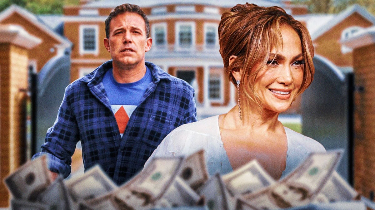 Jennifer Lopez and Ben Affleck with a mansion behind them and money in front of them