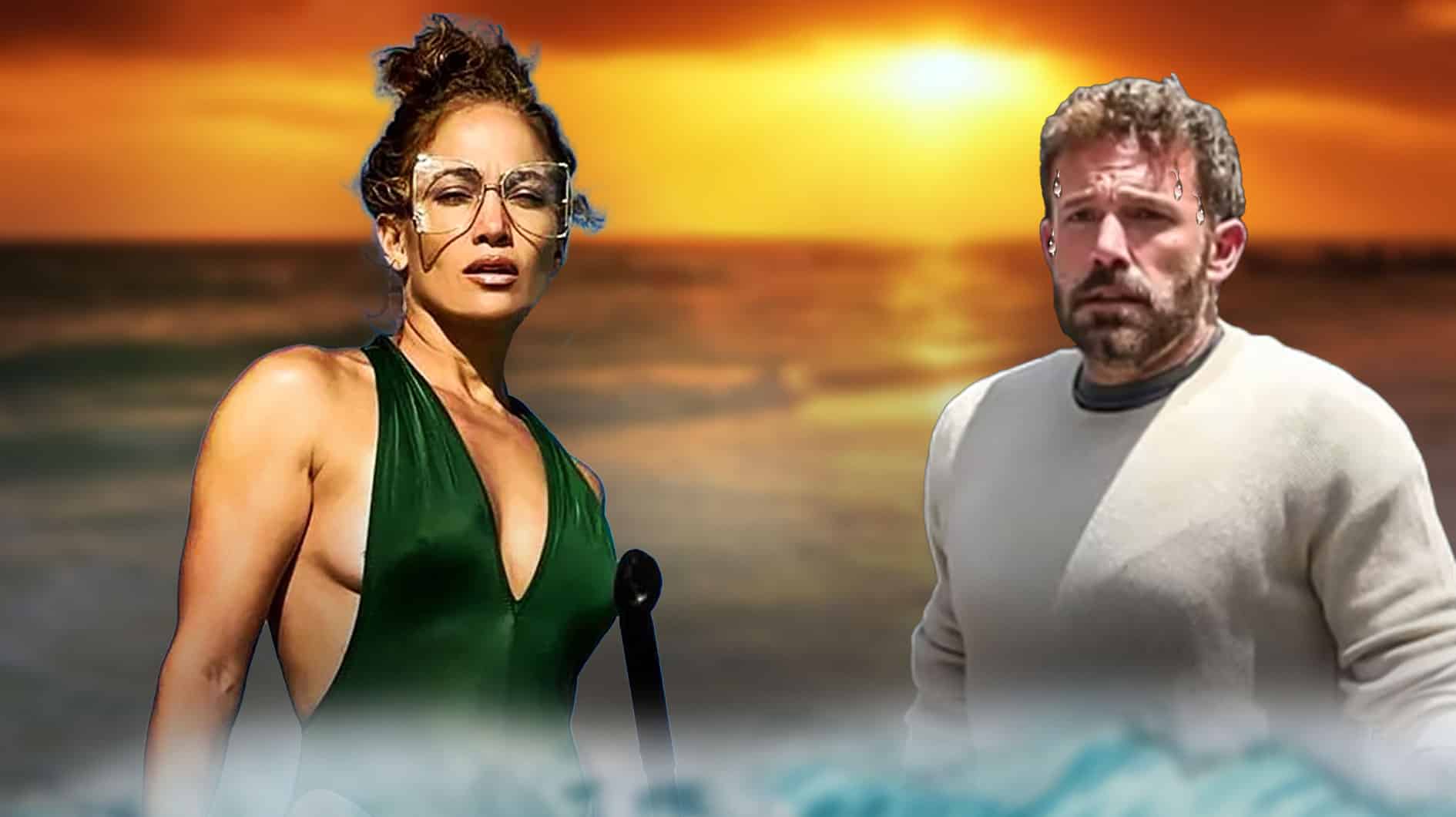 Jennifer Lopez in a bathing suit on a beach and Ben Affleck in sweats