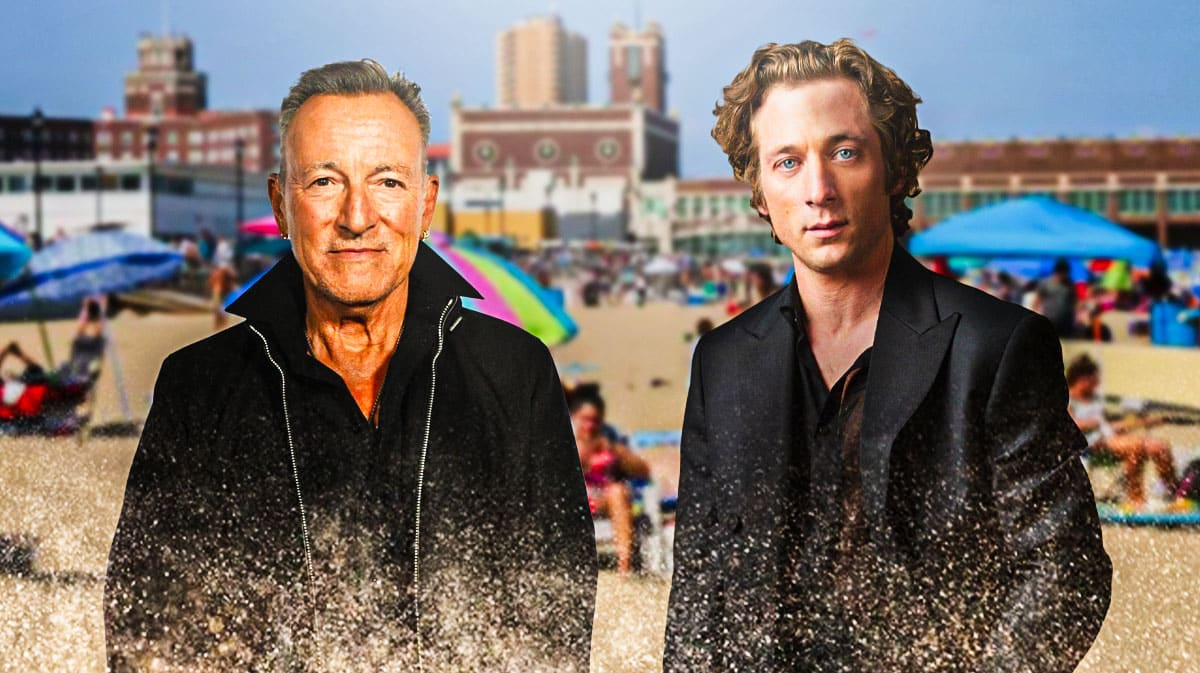 Bruce Springsteen and biopic star Jeremy Allen White with Asbury Park background.