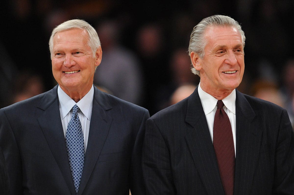  Jerry West and Pat Riley are honored at halftime of a game against the Houston Rockets in honor of the 40th anniversary of the 1972 NBA championship team at Staples Center.