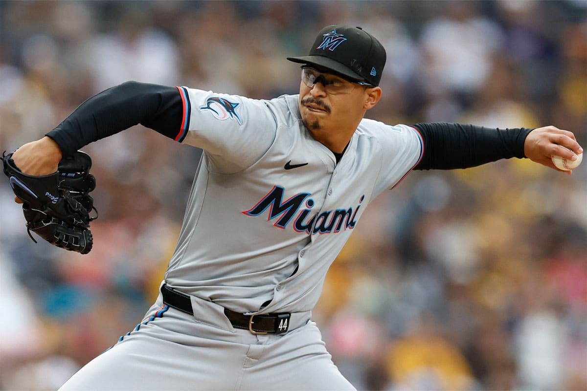 Miami Marlins starting pitcher Jesus Luzardo (44) throws a pitch during the first inning against the San Diego Padres at Petco Park.