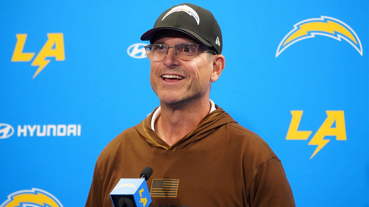 Los Angeles Chargers head coach Jim Harbaugh at a press conference during minicamp at the Hoag Performance Center.