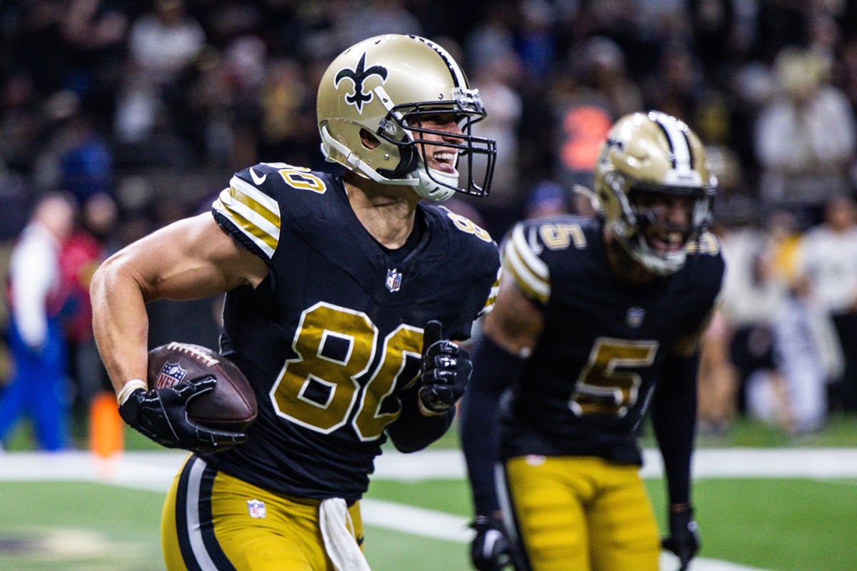 New Orleans Saints tight end Jimmy Graham (80) smiles after making a touchdown against the Carolina Panthers during the second half at the Caesars Superdome.