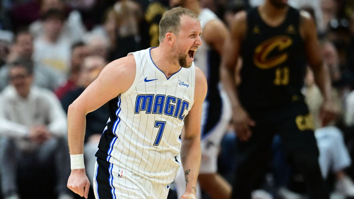 Orlando Magic guard Joe Ingles (7) reacts after a basket during the second half against the Cleveland Cavaliers in game five of the first round for the 2024 NBA playoffs at Rocket Mortgage FieldHouse