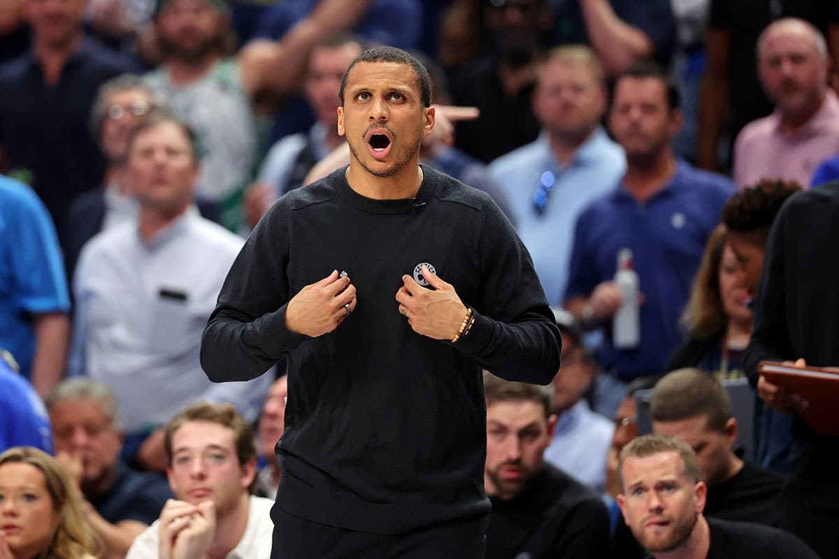oston Celtics head coach Joe Mazzulla reacts after a play against the Dallas Mavericks during the second quarter during game three of the 2024 NBA Finals at American Airlines Center. 