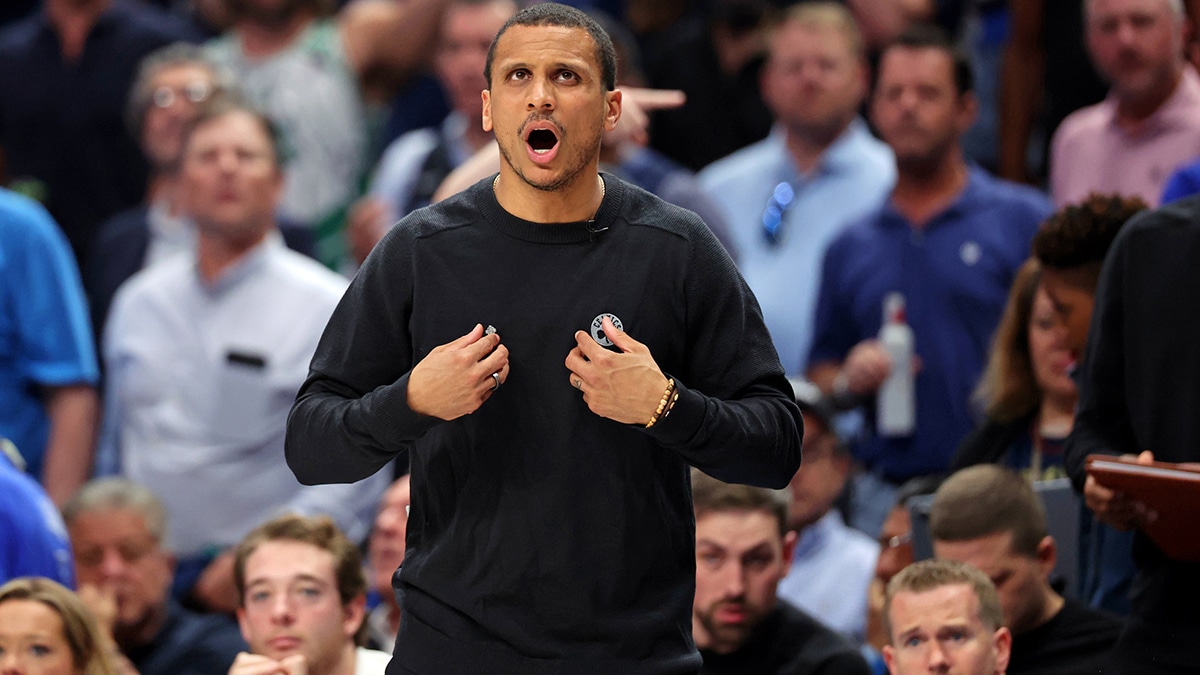 Boston Celtics head coach Joe Mazzulla reacts after a play against the Dallas Mavericks during the second quarter during game three of the 2024 NBA Finals at American Airlines Center.