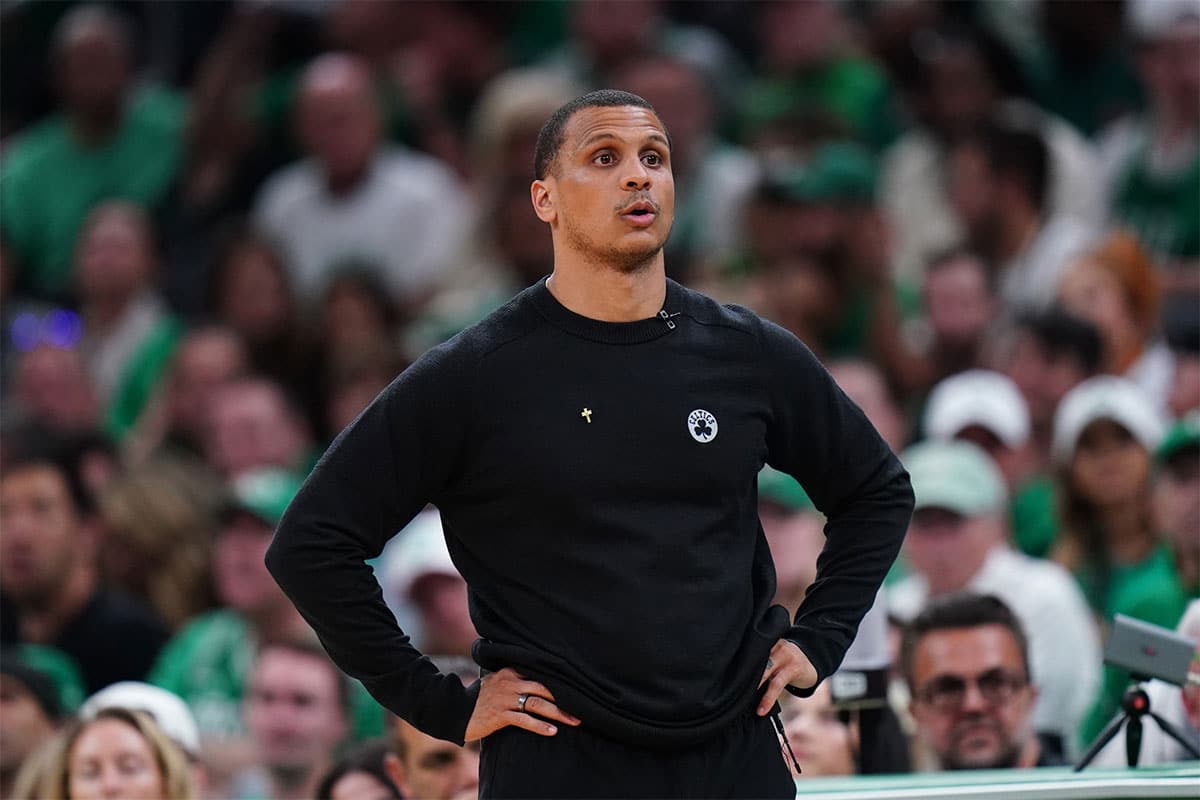 Boston Celtics head coach Joe Mazzulla looks on against the Dallas Mavericks in the third quarter during game one of the 2024 NBA Finals at TD Garden.