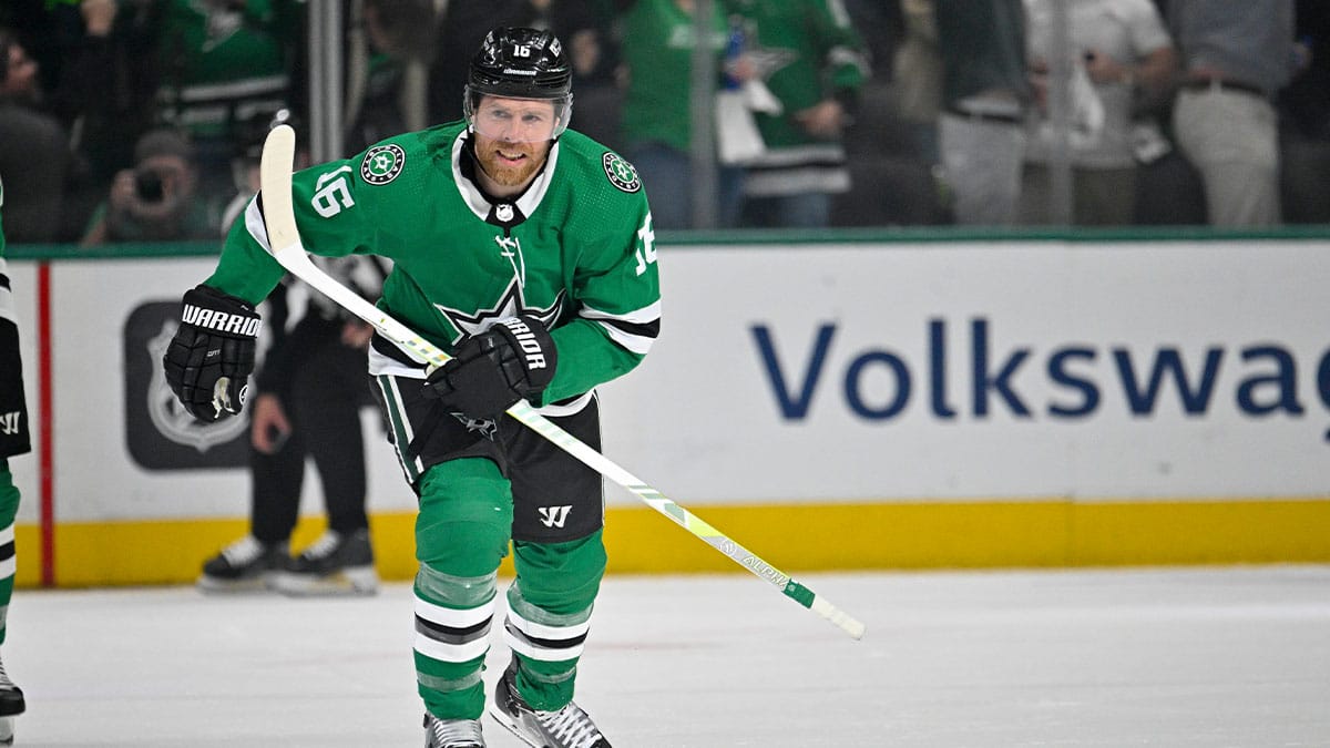 Dallas Stars center Joe Pavelski (16) skates off the ice after scoring against the Colorado Avalanche during the first period in game five of the second round of the 2024 Stanley Cup Playoffs at American Airlines Center.