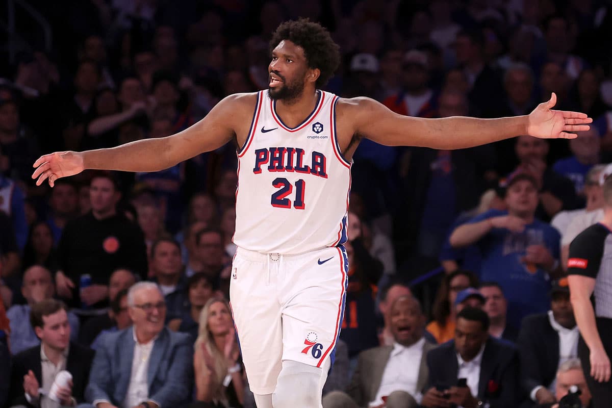 Philadelphia 76ers center Joel Embiid (21) reacts during overtime in game 5 of the first round of the 2024 NBA playoffs against the New York Knicks at Madison Square Garden. 