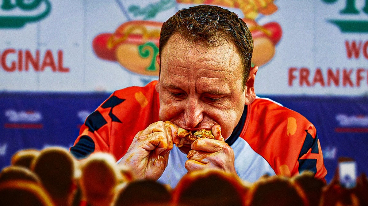 Joey Chestnut eating hotdogs.