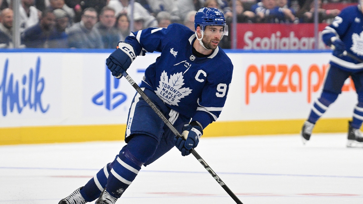 Toronto Maple Leafs forward John Tavares (91) pursues the play against the Boston Bruins in the third period in game six of the first round of the 2024 Stanley Cup Playoffs at Scotiabank Arena.