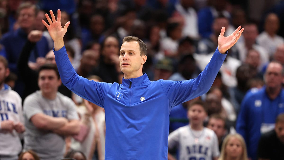 Duke Blue Devils head coach Jon Scheyer reacts in the second half against the North Carolina State Wolfpack in the finals of the South Regional of the 2024 NCAA Tournament at American Airline Center. 