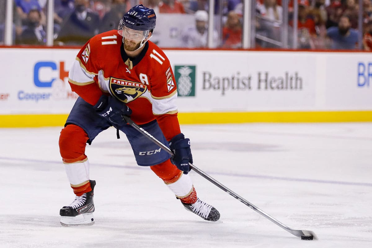 Florida Panthers left wing Jonathan Huberdeau (11) shoots the puck during the second period against the Tampa Bay Lightning in game two of the second round of the 2022 Stanley Cup Playoffs at FLA Live Arena.