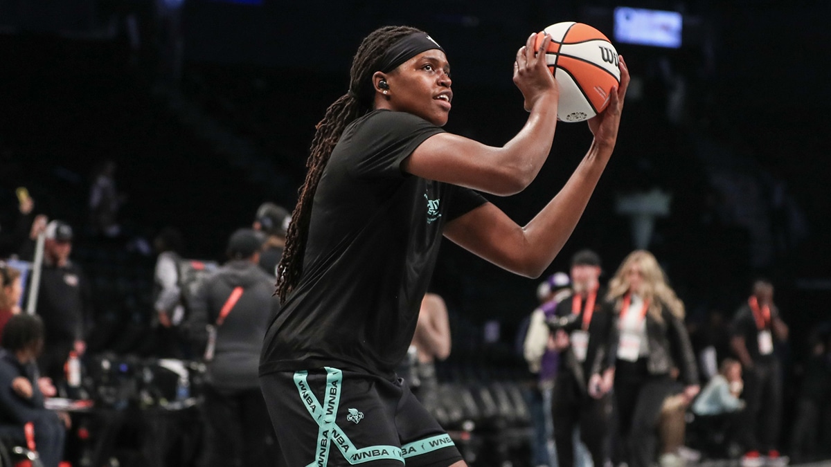 New York Liberty forward Jonquel Jones (35) during pregame warmups prior to game four of the 2023 WNBA Finals at Barclays Center.
