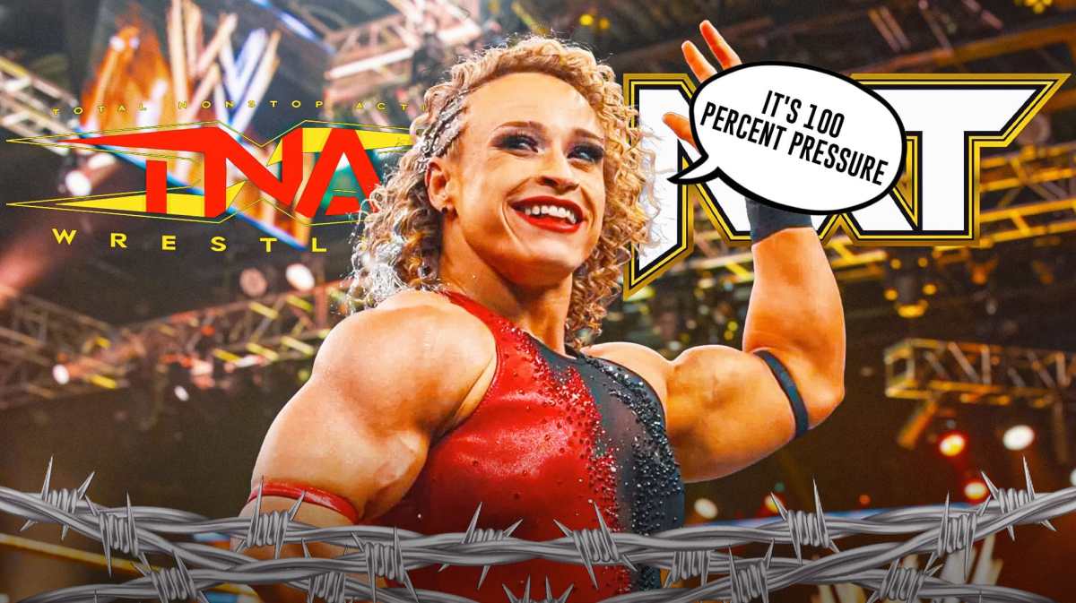 Jordynne Grace with a text bubble reading "It's 100 percent pressure" with the TNA and NXT logo as the background.