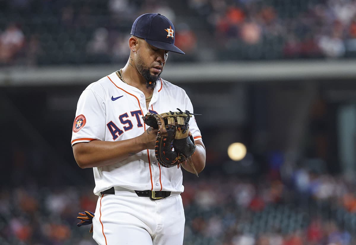 Houston Astros first baseman Jose Abreu (79) reacts after a play during the fourth inning against the St. Louis Cardinals at Minute Maid Park.