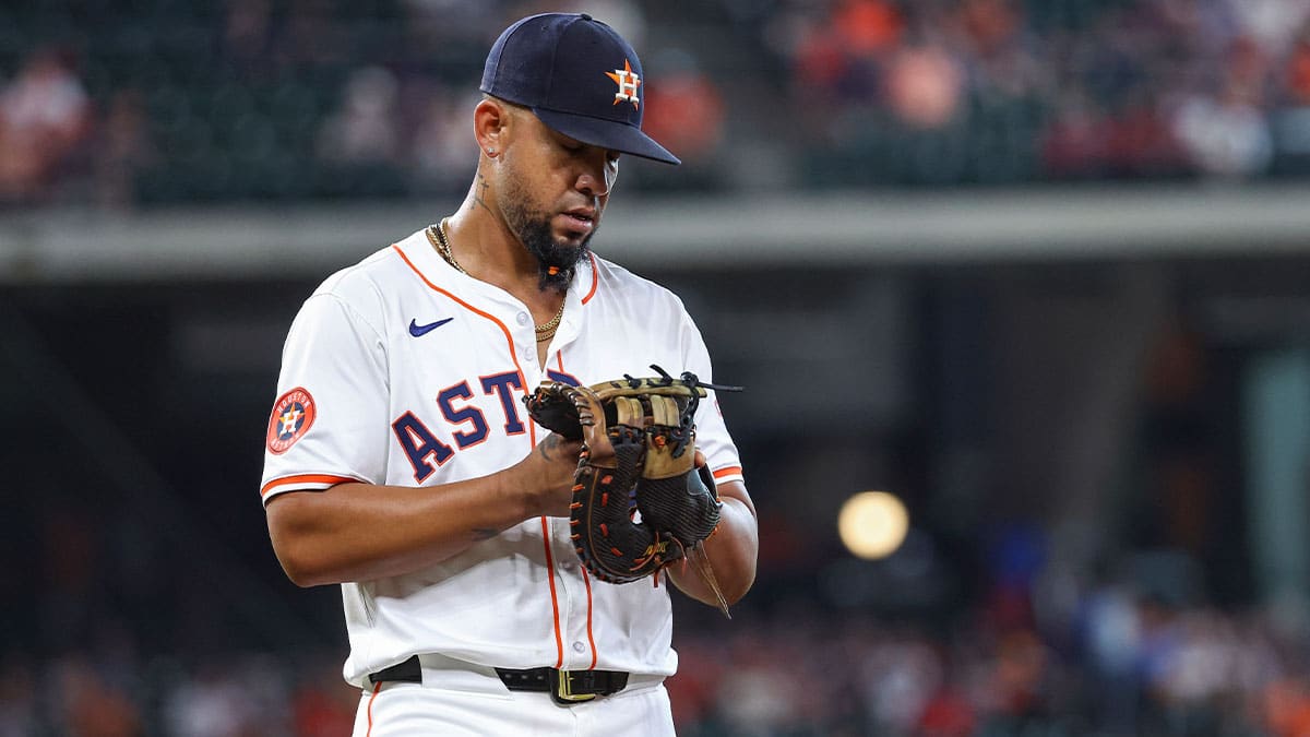 Houston Astros first baseman Jose Abreu (79) reacts after a play during the fourth inning against the St. Louis Cardinals at Minute Maid Park. Mandatory Credit: