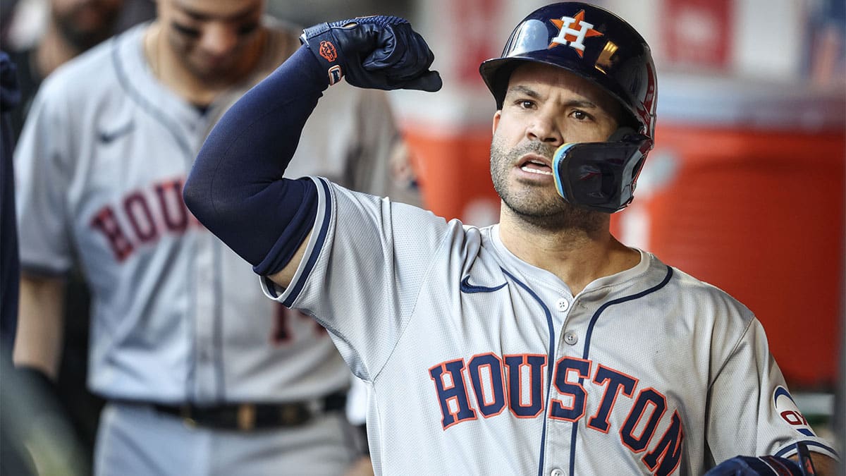 Houston Astros second baseman Jose Altuve (27) celebrates after hitting a leadoff home run in the first inning against the New York Mets at Citi Field.