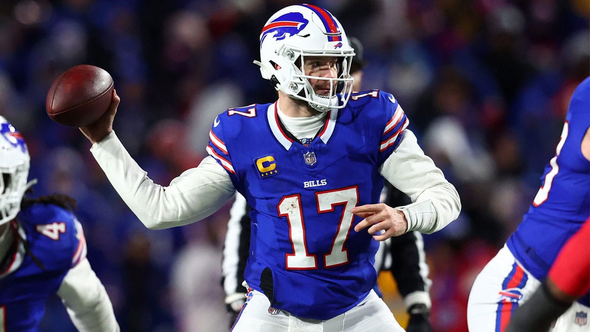 Buffalo Bills quarterback Josh Allen (17) drops back to pass against the Kansas City Chiefs during the second half for the 2024 AFC divisional round game at Highmark Stadium.