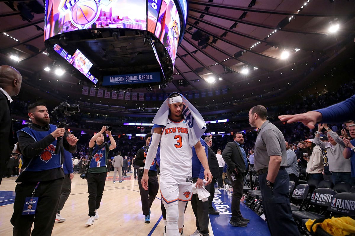 New York Knicks guard Josh Hart (3) walks off the floor after losing in game seven of the second round of the 2024 NBA playoffs against the Indiana Pacers at Madison Square Garden.