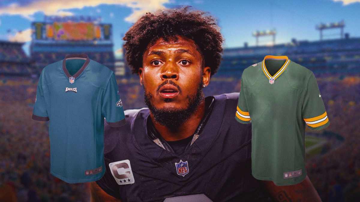 Josh Jacobs shrugging, green eagles and packers jerseys all around him
