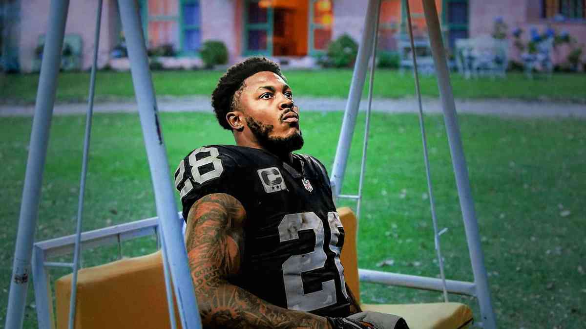 sad pablo escobar meme but it's Josh Jacobs wearing a Raiders jersey.