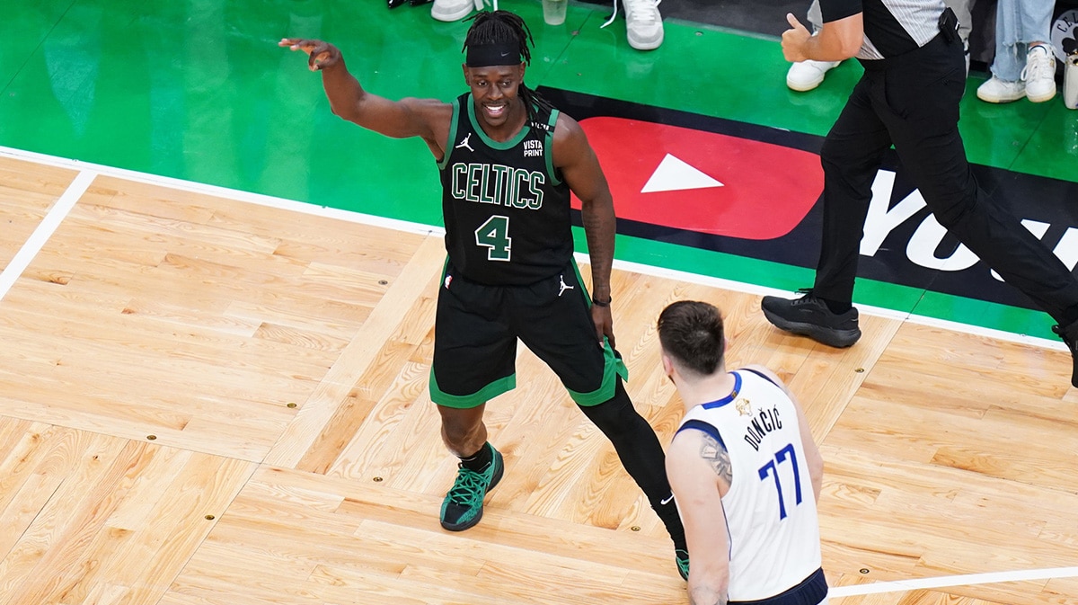 Boston Celtics guard Jrue Holiday (4) reacts against the Dallas Mavericks in the fourth quarter during game two of the 2024 NBA Finals at TD Garden. 