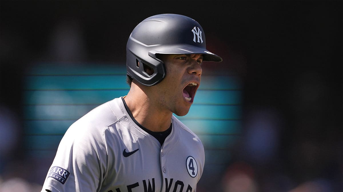 New York Yankees right fielder Juan Soto (22) reacts after hitting a home run against the San Francisco Giants during the ninth inning at Oracle Park.