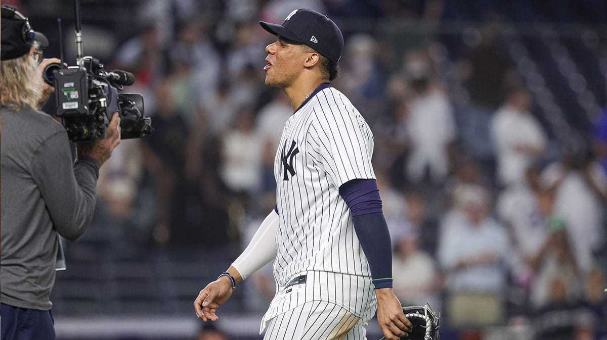 New York Yankees right fielder Juan Soto (22) reacts after the game against the Minnesota Twins at Yankee Stadium.