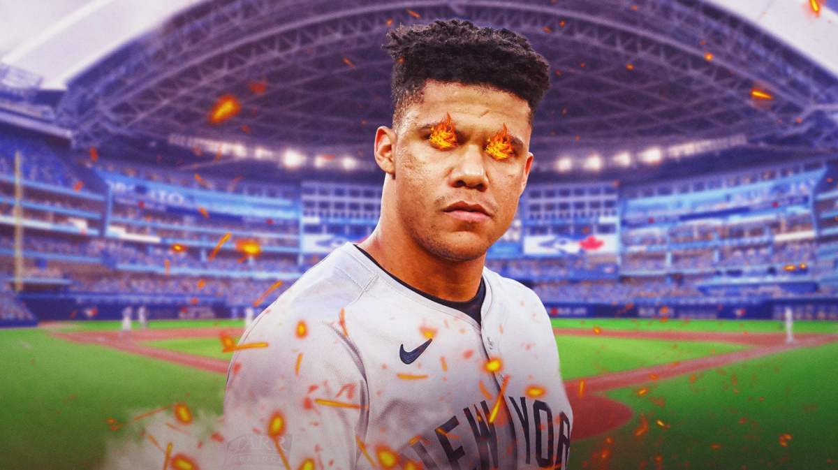 Juan Soto with fire on his eyes. Rogers Centre in the background.