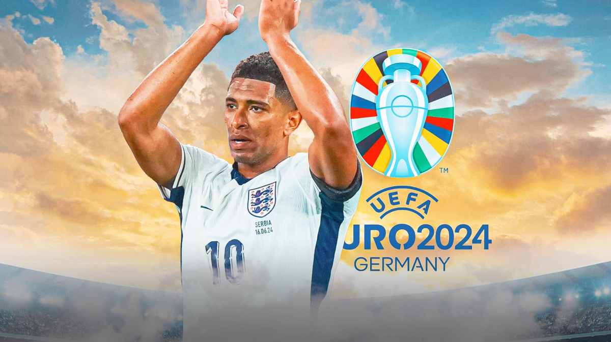 Jude Bellingham celebrating in front of the Euro 2024 logo